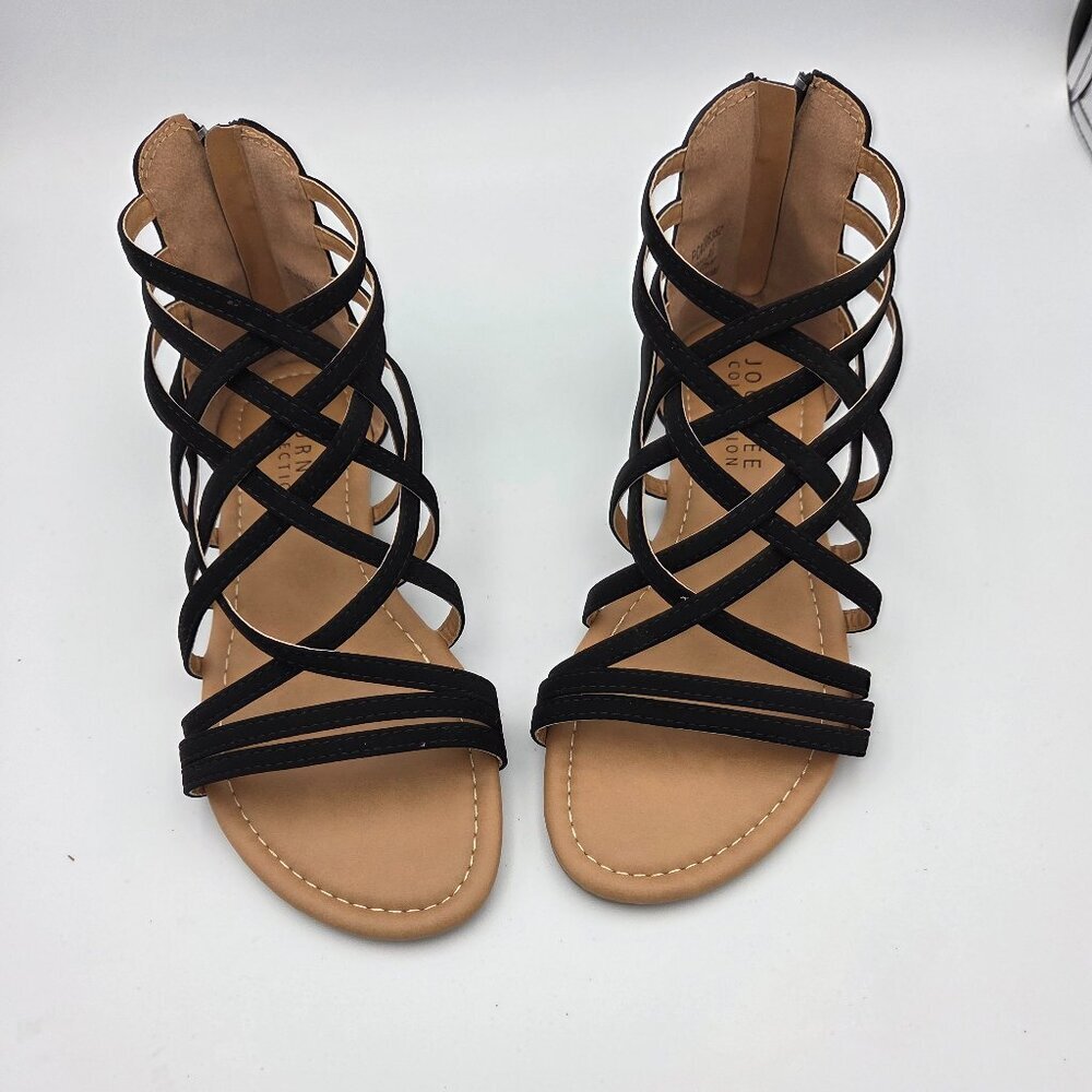 Journee Collection  8.5 Black Suede Flat Open Toed Sandal w/Zipper Back.